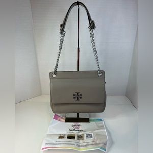 Tory Burch French Gray Britten Flap Shoulder/Crossbody Pebbled Leather Bag w/COA